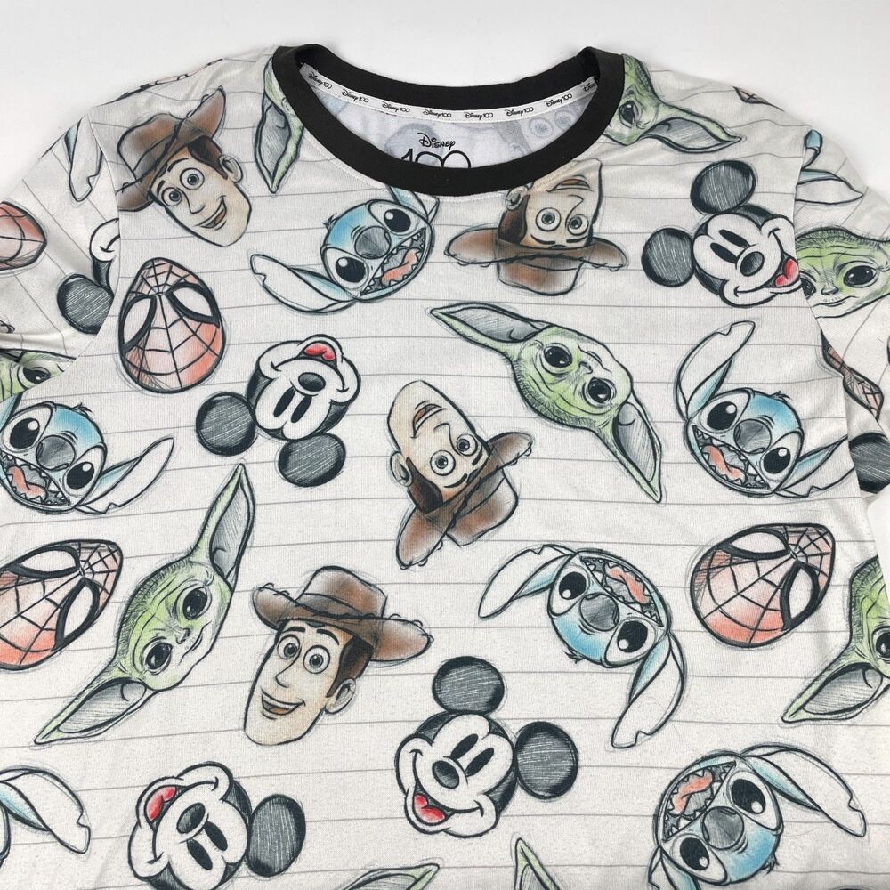 Disney 100 Character Mash Up 2pc PJ Set Women's XL Mickey Woody Grogu Stitch - Picture 3 of 15